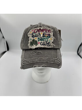 Women’s Green Camping Hair Don’t Care Distressed Ball Cap Hat Outdoors Hiking